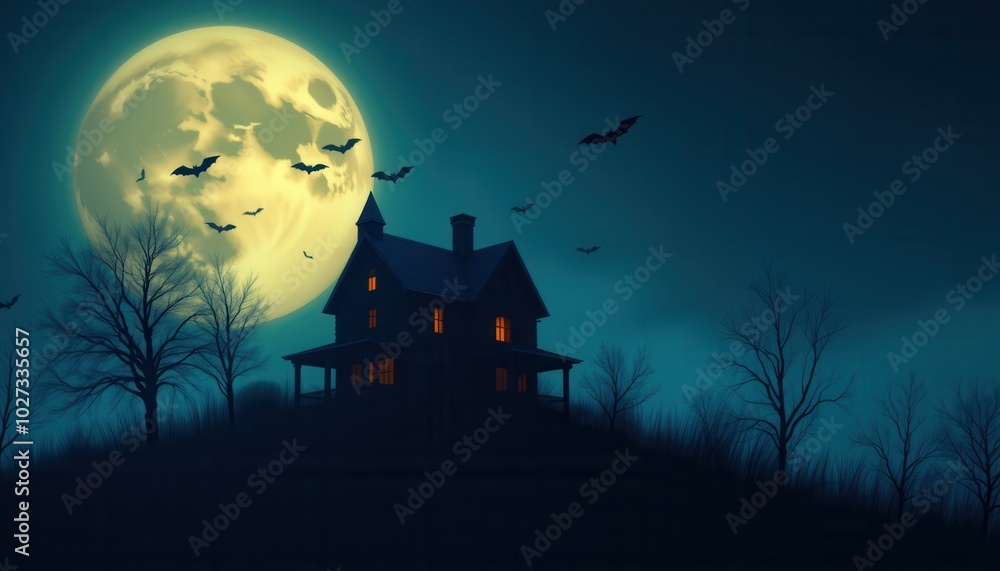 A haunted house on a hill silhouetted against a large full moon with bats flying across the sky. A haunted house on a hill silhouetted against a large full moon with bats flying across the sky.