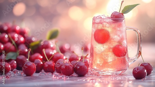 A refreshing drink with cherries, ice, and a scenic background.