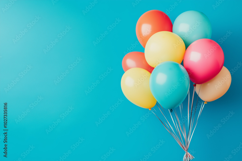A bunch of colorful balloons on a blue background, with ample copy space. A bunch of colorful balloons on a blue background, with ample copy space.