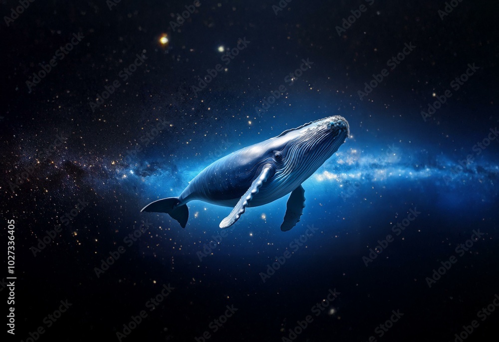 Fototapeta premium A humpback whale swims through a starry sky.