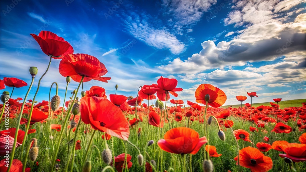 Obraz premium In fields of red poppies, we honor our heroes. Their sacrifice and courage inspire us. This Remembrance Day, let us never forget their bravery.