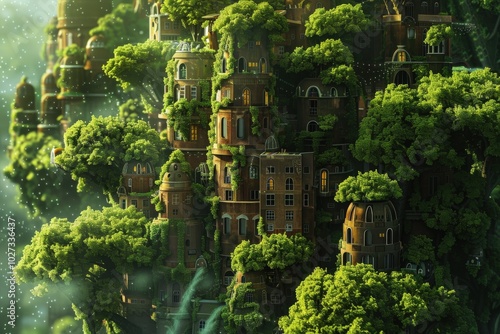 A cityscape with tall buildings and lush green trees, generative ai image