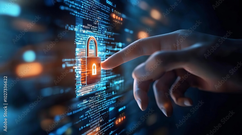 Hand pressing a digital lock symbol on a data interface, secure technology concept. Hand pressing a digital lock symbol on a data interface, secure technology concept.