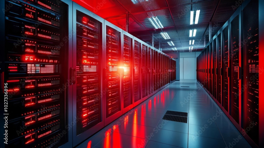 High-tech server room filled with illuminated racks and vibrant red lights. High-tech server room filled with illuminated racks and vibrant red lights.