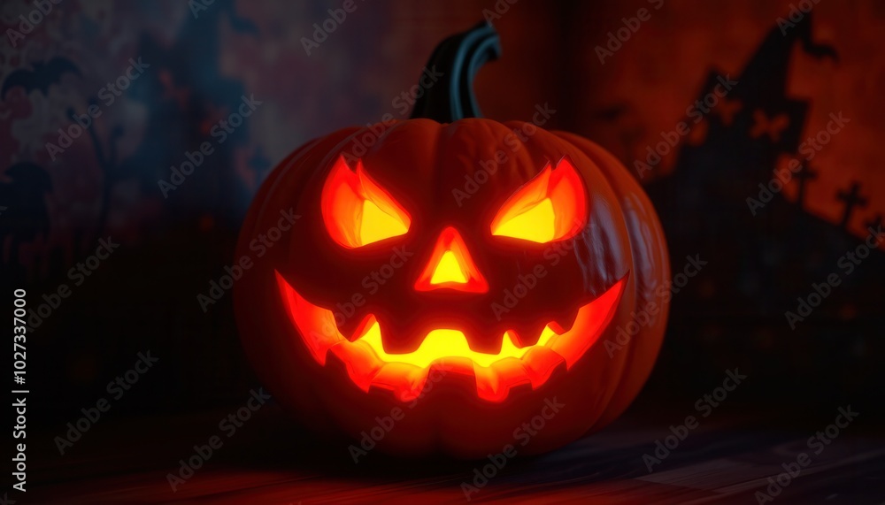 Obraz premium A carved pumpkin glowing in the dark with spooky shadows cast on the walls.