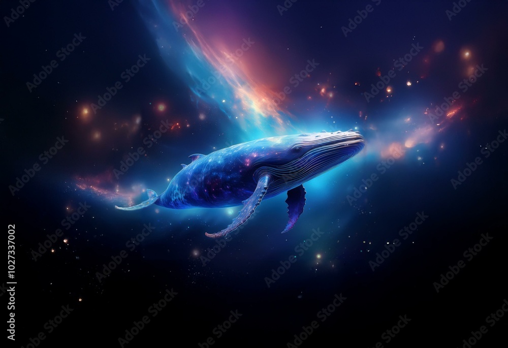 A blue whale swims through a starry sky with a nebula behind it. A blue whale swims through a starry sky with a nebula behind it.