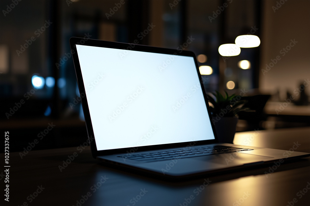 A blank white screen of an open laptop placed on the table in front view with a blurred background, a concept for displaying images or text. The scene is set against a blurry office interior backdrop. A blank white screen of an open laptop placed on the table in front view with a blurred background, a concept for displaying images or text. The scene is set against a blurry office interior backdrop.
