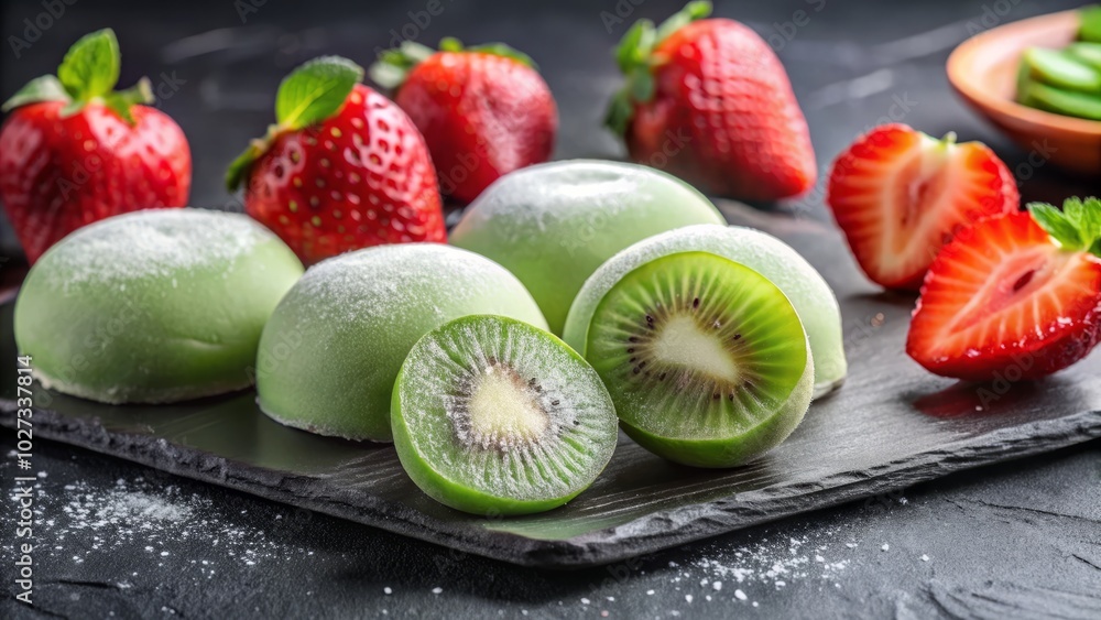 light green mochi ice cream, featuring kiwi and strawberry, elegantly arranged on a sleek black plate. A visual treat! light green mochi ice cream, featuring kiwi and strawberry, elegantly arranged on a sleek black plate. A visual treat!