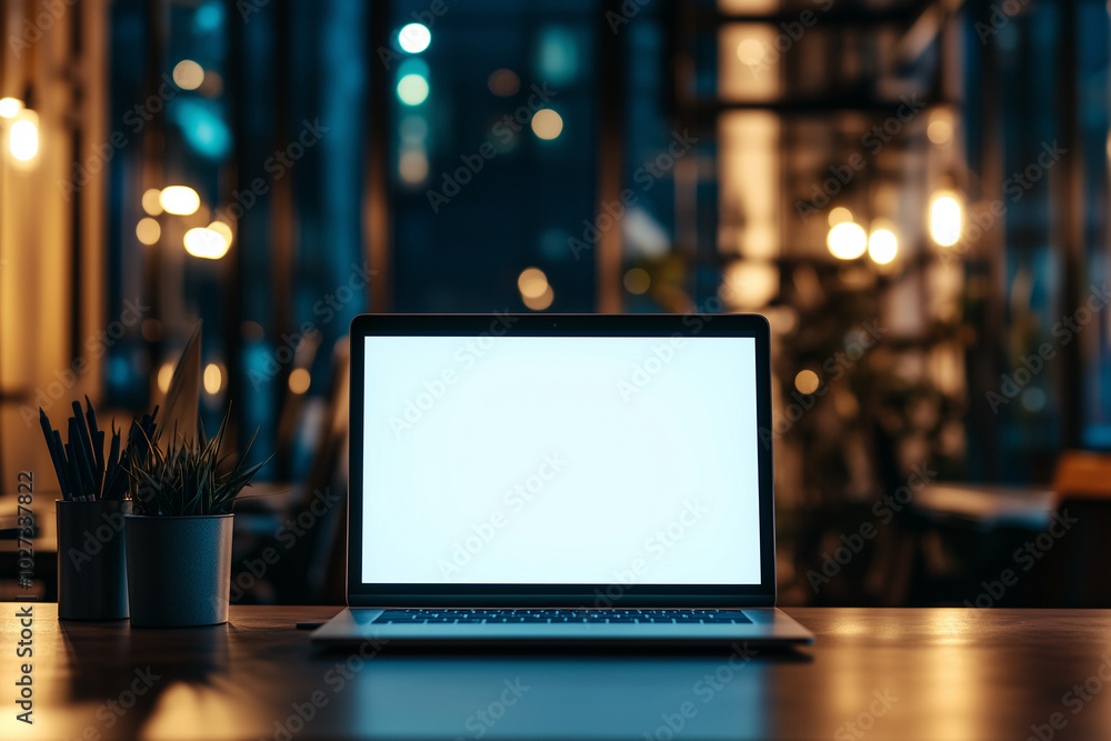 A blank white screen of an open laptop placed on the table in front view with a blurred background, a concept for displaying images or text. The scene is set against a blurry office interior backdrop. A blank white screen of an open laptop placed on the table in front view with a blurred background, a concept for displaying images or text. The scene is set against a blurry office interior backdrop.