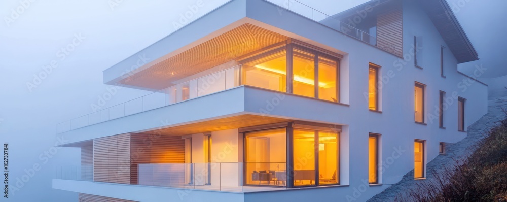 Luxurious modern home with white walls, wooden details, and large windows Warm interior glow on a foggy evening, balcony visible Luxurious modern home with white walls, wooden details, and large windows Warm interior glow on a foggy evening, balcony visible
