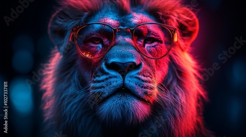 A lion wearing stylish glasses, illuminated in vibrant red and blue lights.