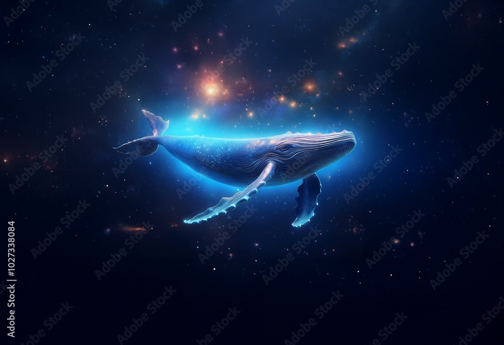 Fototapeta premium A glowing whale swims through a vast, dark expanse of stars.