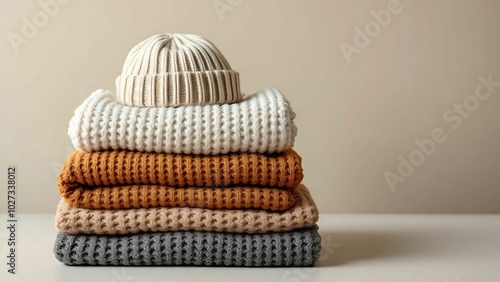 knitted hat and scarves on a beige background photo