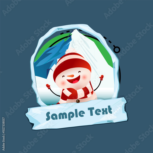 Christmas flyer template. Jolly dancing snowman, snowy mounting in oval frame and icy sign with sample text. Vector illustration can be used for banners, posters, greeting card design