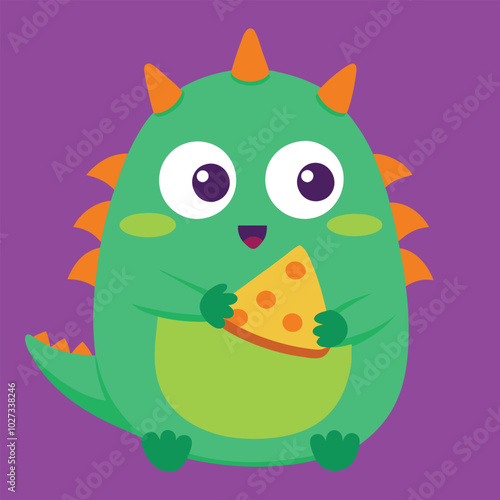 Cute monster eating pizza cartoon vector illustration design