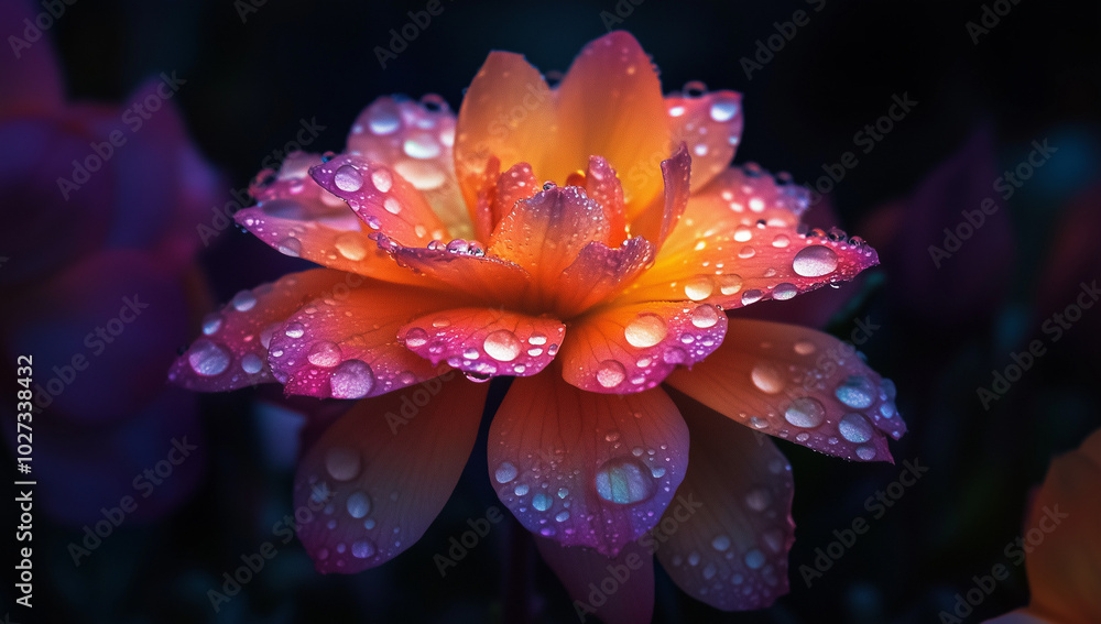 A close-up of an orange and pink flower with water droplets on its petals, surrounded by other flowers in various colors, illuminated by soft light. The background is dark with hints of purple hues. A close-up of an orange and pink flower with water droplets on its petals, surrounded by other flowers in various colors, illuminated by soft light. The background is dark with hints of purple hues.