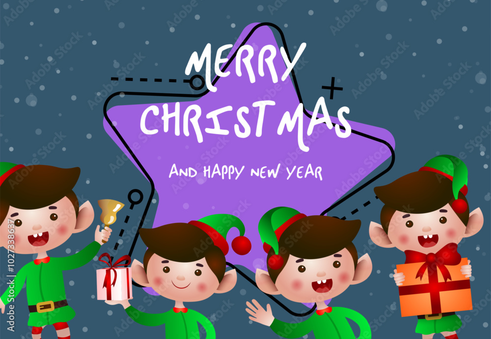 Christmas greeting card design. Team of elves ringing bell and giving gifts on abstract background. Illustration can be used for banners, flyers, posters Christmas greeting card design. Team of elves ringing bell and giving gifts on abstract background. Illustration can be used for banners, flyers, posters