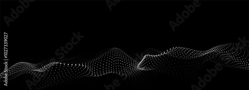 Dark cyberspace in digital background. Vector abstract technology black wave with motion dots and lines. Connection big data. Futuristic wireframe texture. Analysis a network connection.
