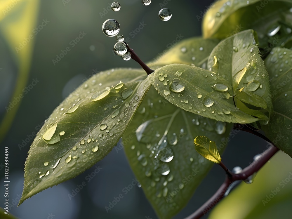 Fresh Dew Drops on Green Leaves in Morning Light Fresh Dew Drops on Green Leaves in Morning Light