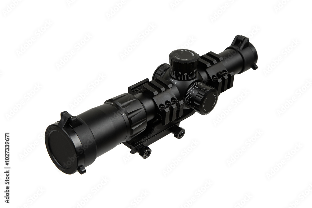 Modern sniper scope on a white back. Optical device for aiming and shooting at long distances. Modern sniper scope on a white back. Optical device for aiming and shooting at long distances.