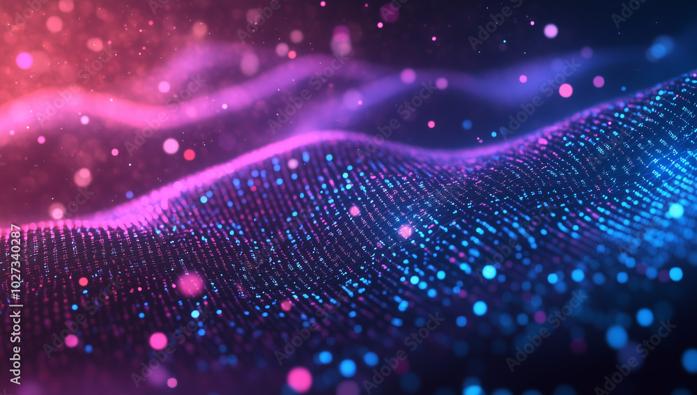A close-up of digital data flowing on the screen, with blue and purple lights creating an abstract background. The light is reflected from above, creating bokeh effects that highlight details in depth A close-up of digital data flowing on the screen, with blue and purple lights creating an abstract background. The light is reflected from above, creating bokeh effects that highlight details in depth