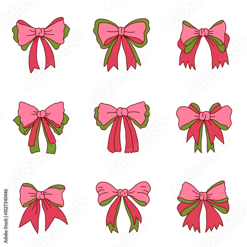 Coquette Christmas Bundle, Bundle of Handdrawn Christmas Bow Element Illustration, Retro Girly Coquette Style, Pink Fiminine