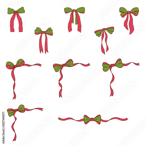 Coquette Christmas Bundle, Bundle of Handdrawn Christmas Bow Element Illustration, Retro Coquette Style, Frame Ribbon, Long Tail Bow
