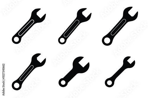 Versatile Wrench Icon Set in Black and White Silhouette Vector Collection