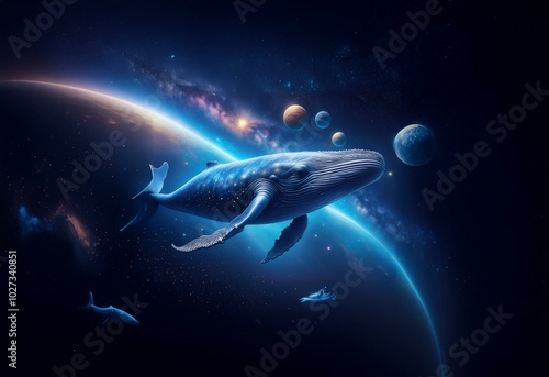 A blue whale swims through space with planets and stars in the background. photo