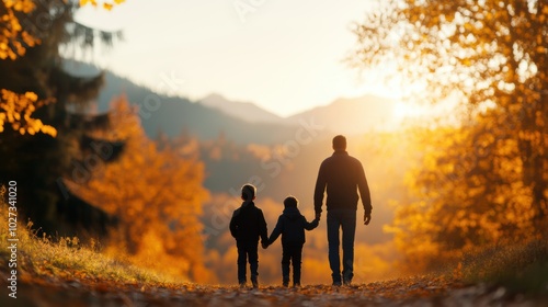 A serene scene of a parent and two children walking hand in hand along a sunlit path surrounded by autumn foliage. Blank space for text and design