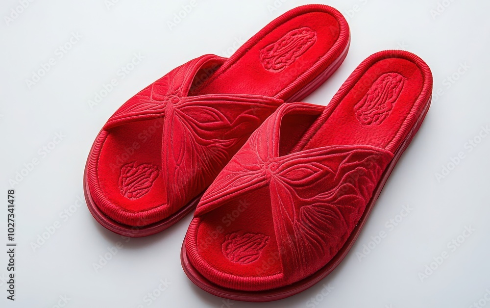 Elegant red slippers for ladies, showcased on a white background, designed for bathroom use Elegant red slippers for ladies, showcased on a white background, designed for bathroom use