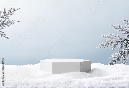 Empty White geometric-shaped podium on a snowy background in a winter scene. Perfect for cosmetic product presentation with ample copy space.. Made with Generative AI Technology