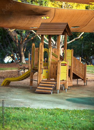 Wooden playground equipment outdoors