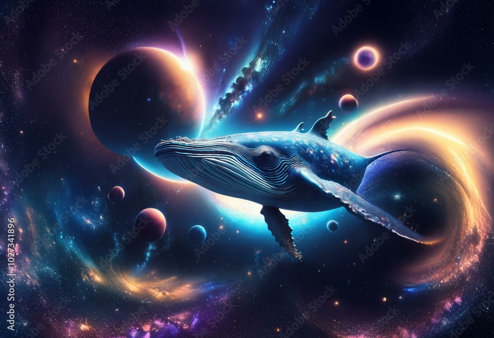 A blue whale swims through a vast cosmic expanse, surrounded by planets, swirling nebulae, and a black hole. A blue whale swims through a vast cosmic expanse, surrounded by planets, swirling nebulae, and a black hole.