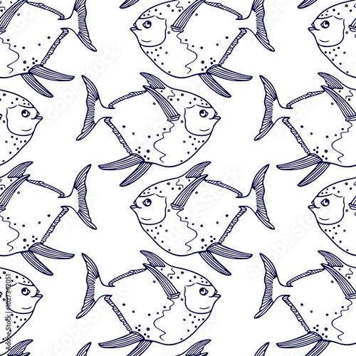 Vector seamless pattern with hand drawn moonfishes made with ink. Beautiful drawing, graphic style. Perfect print or pattern for any business related to the fish industry.