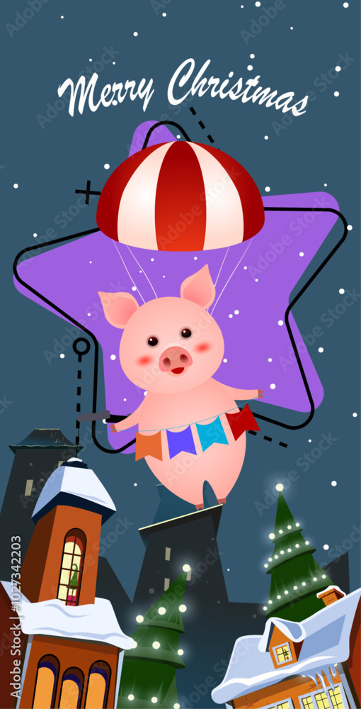 Naklejka premium Christmas vertical banner design. Cute piggy flying with parachute over night city. Illustration can be used for greeting cards, flyers, posters