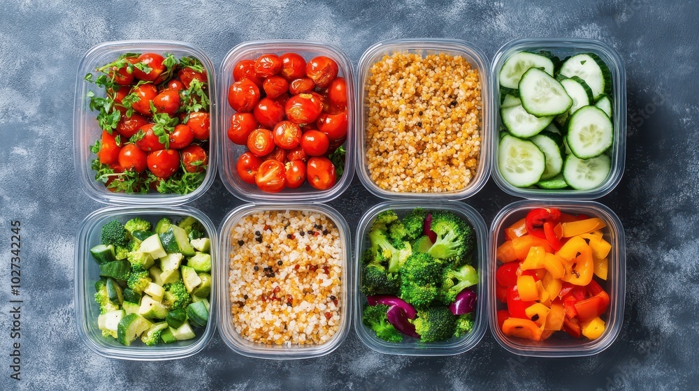 Healthy meal prep with fresh vegetables and grains in containers, ideal for diet planning and portion control. Healthy meal prep with fresh vegetables and grains in containers, ideal for diet planning and portion control.
