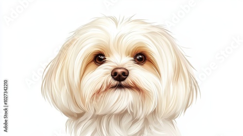 Havanese dog illustration isolated on white background. Cute white toy dog face portrait for canine food, veterinary or dog grooming.
