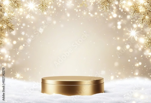 Minimal 3D golden podium in a Christmas background for beauty product presentation. Simple pedestal with snow and snowflakes in a clean, abstract winter scene.. Made with Generative AI Technology