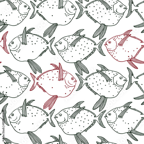 Vector seamless pattern with hand drawn moonfishes made with ink. Beautiful drawing, graphic style. Perfect print or pattern for any business related to the fish industry.
