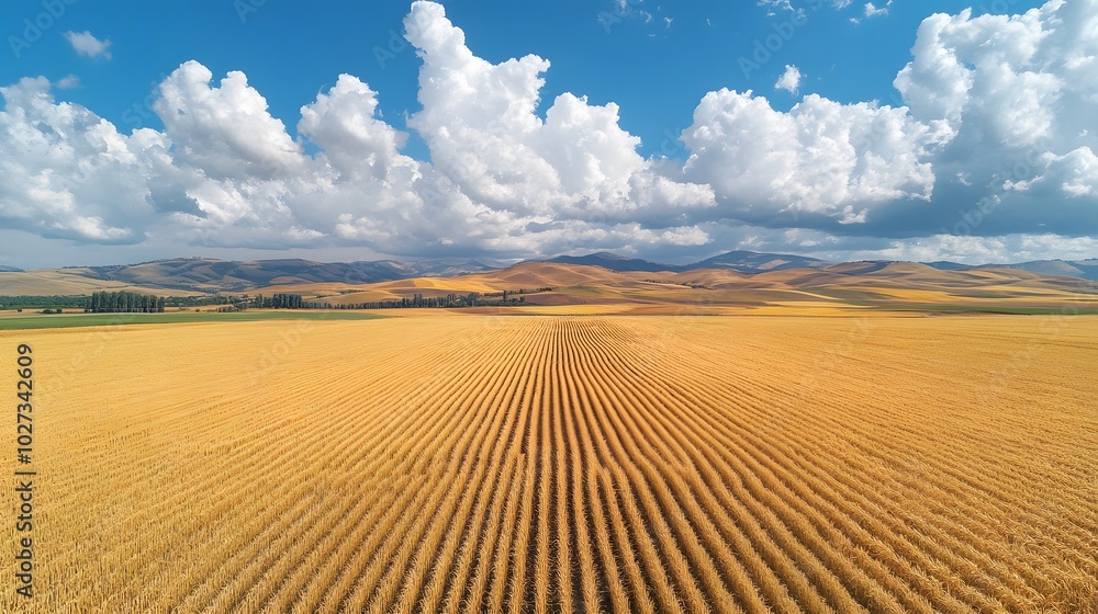 Naklejka premium Aerial view of vast golden wheat fields arranged in a patchwork pattern, with rolling hills and fluffy clouds under a blue sky, capturing the beauty of a rural landscape.