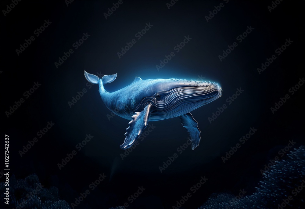 Naklejka premium A whale swims through dark water, its blue body illuminated by an ethereal glow.
