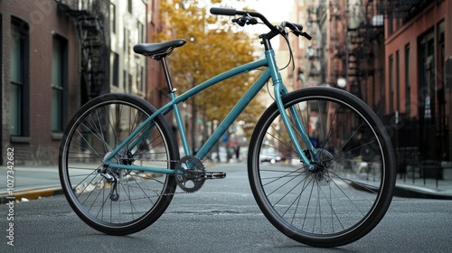 Teal Bicycle Parked on a City Street