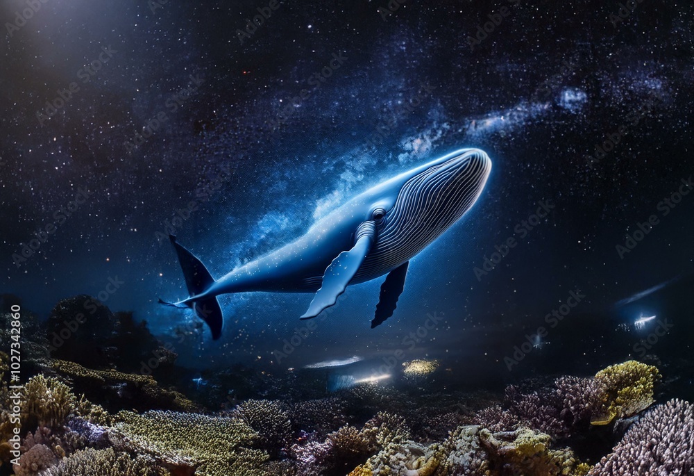 Fototapeta premium A blue whale swims through a starry night sky above an underwater reef.