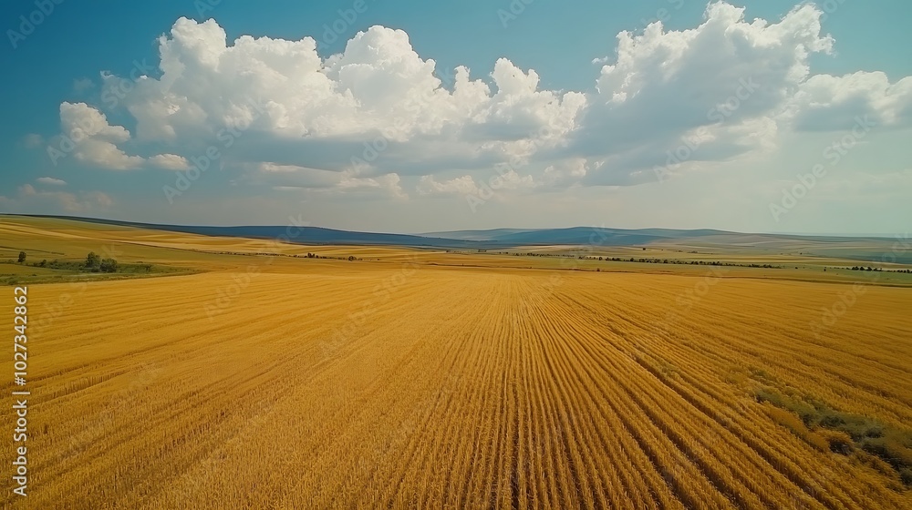 Aerial view of vast golden wheat fields arranged in a patchwork pattern, with rolling hills and fluffy clouds under a blue sky, capturing the beauty of a rural landscape. Aerial view of vast golden wheat fields arranged in a patchwork pattern, with rolling hills and fluffy clouds under a blue sky, capturing the beauty of a rural landscape.