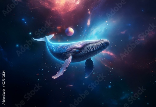 A blue whale swims through a starry sky, illuminated by nebulas.