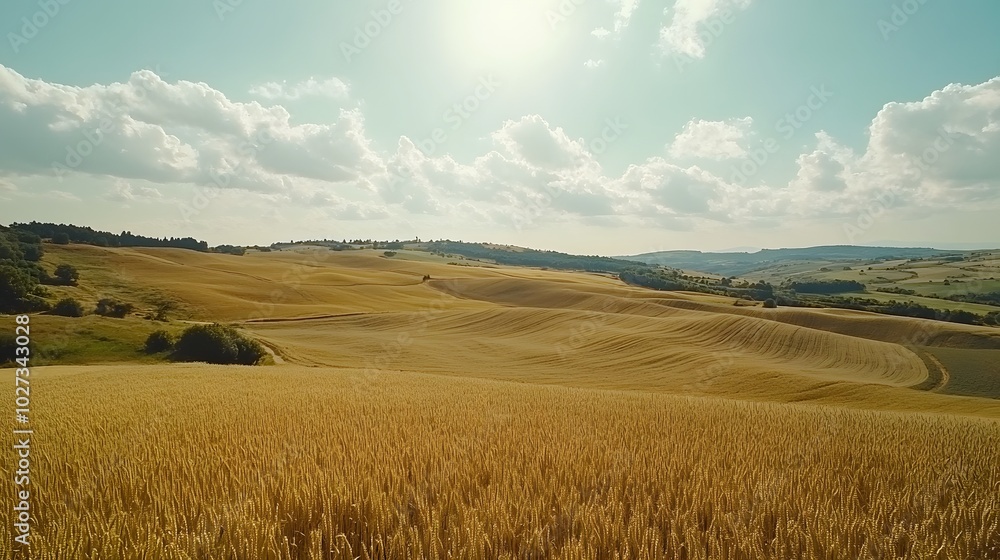 Aerial view of vast golden wheat fields arranged in a patchwork pattern, with rolling hills and fluffy clouds under a blue sky, capturing the beauty of a rural landscape. Aerial view of vast golden wheat fields arranged in a patchwork pattern, with rolling hills and fluffy clouds under a blue sky, capturing the beauty of a rural landscape.