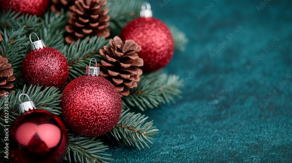Red Christmas Ornaments Pine Branches Teal Background Red Christmas Ornaments Pine Branches Teal Background