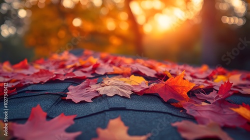 Colorful autumn leaves resting on a rooftop with vibrant red and orange shades, highlighting seasonal home maintenance and sunlit fallen leaves in a rustic residential setting.