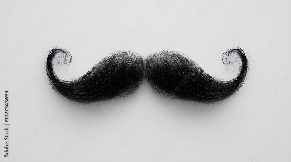 Detailed close-up of a black handlebar mustache on a white background, showcasing groomed facial hair with a vintage barbershop aesthetic and symmetrical shape. Detailed close-up of a black handlebar mustache on a white background, showcasing groomed facial hair with a vintage barbershop aesthetic and symmetrical shape.